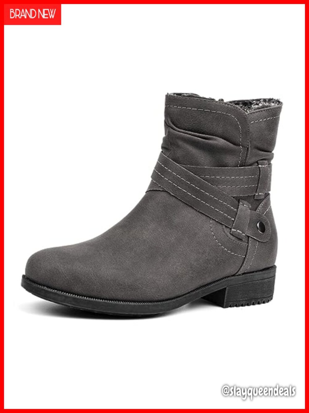 Faux Fur Lined Mid Calf Boots Round Toe Low Heel Zip Slouchy